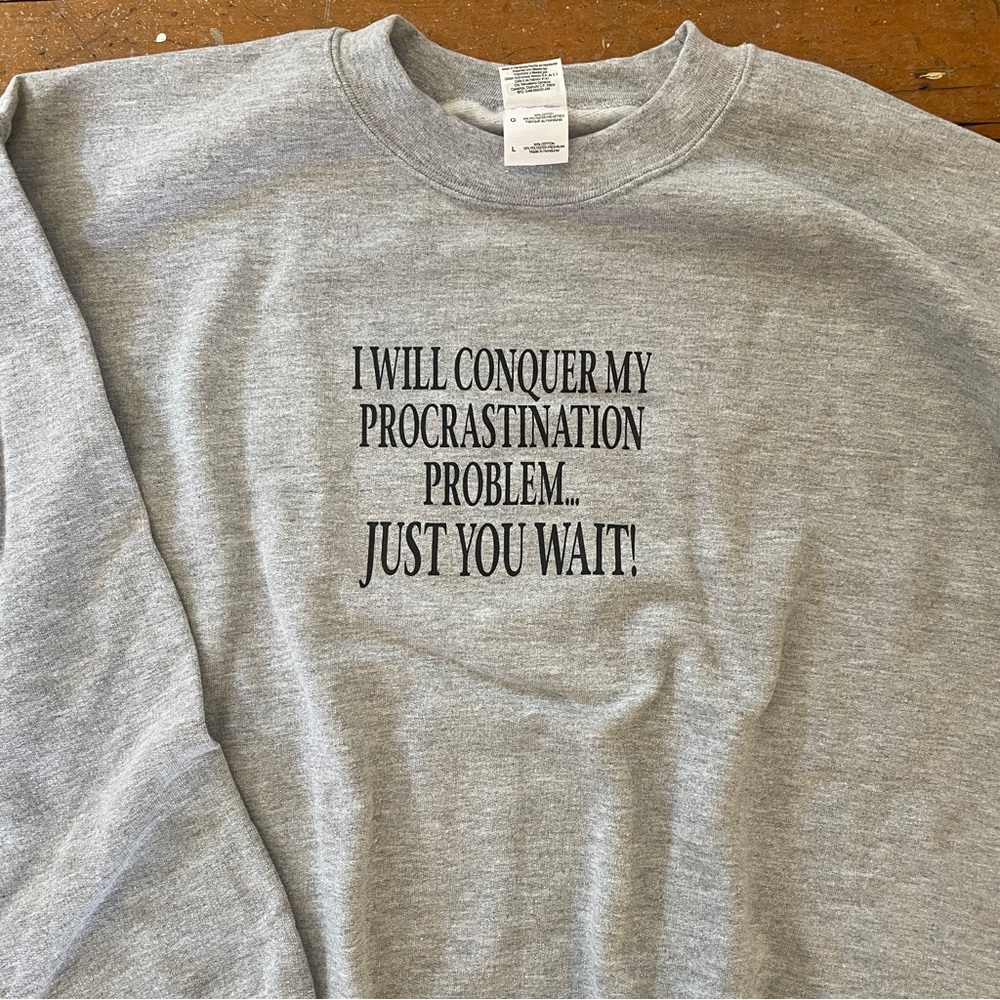 Gildan Funny graphic procrastination joke gray pullover crewneck sweatshirt L
